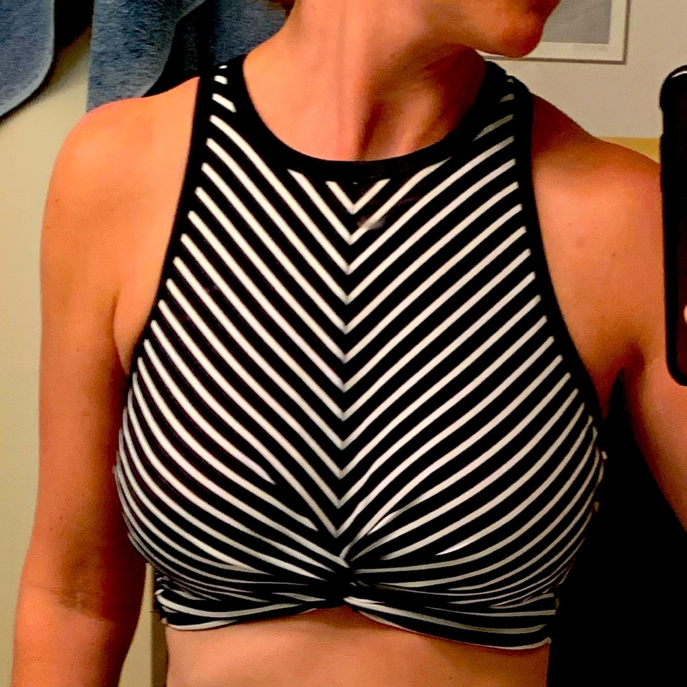 High neck twist-front bikini top or sports bra.